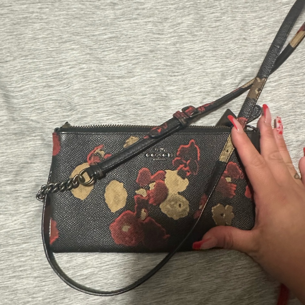 Coach Mini Chain Crossbody in Floral Print Leather Black Multi